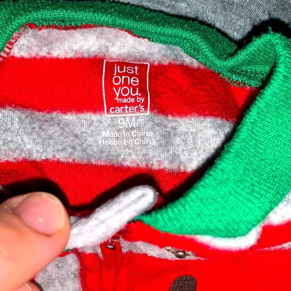 Carter’s Infant Boys Baby REINDEER Fleece Striped Pajamas Sleeper One Piece 9M